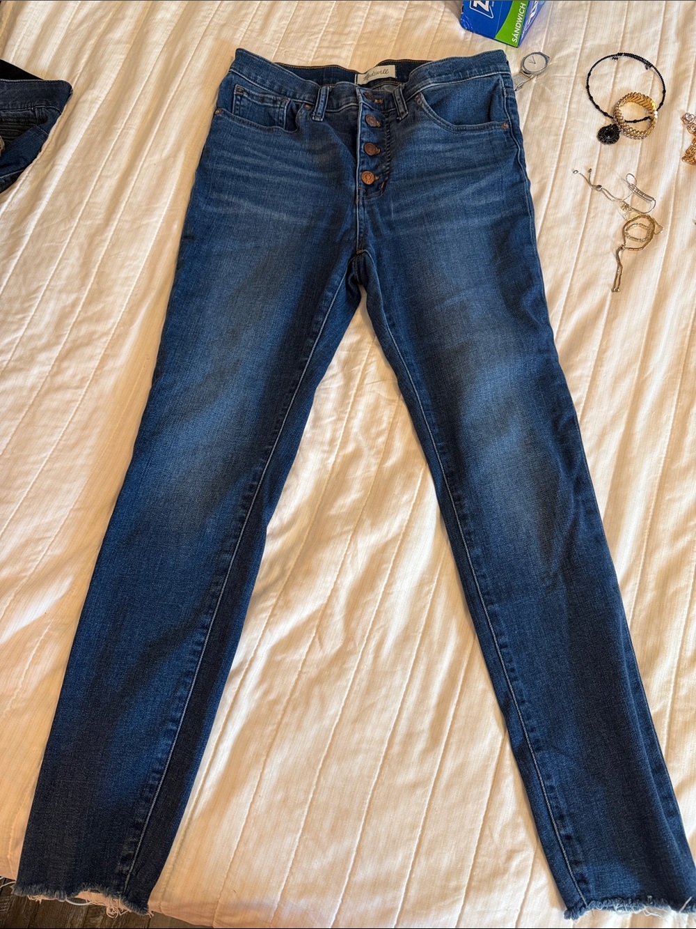 Madewell Skinny High-Rise Button-Fly Jeans in Dark Blue